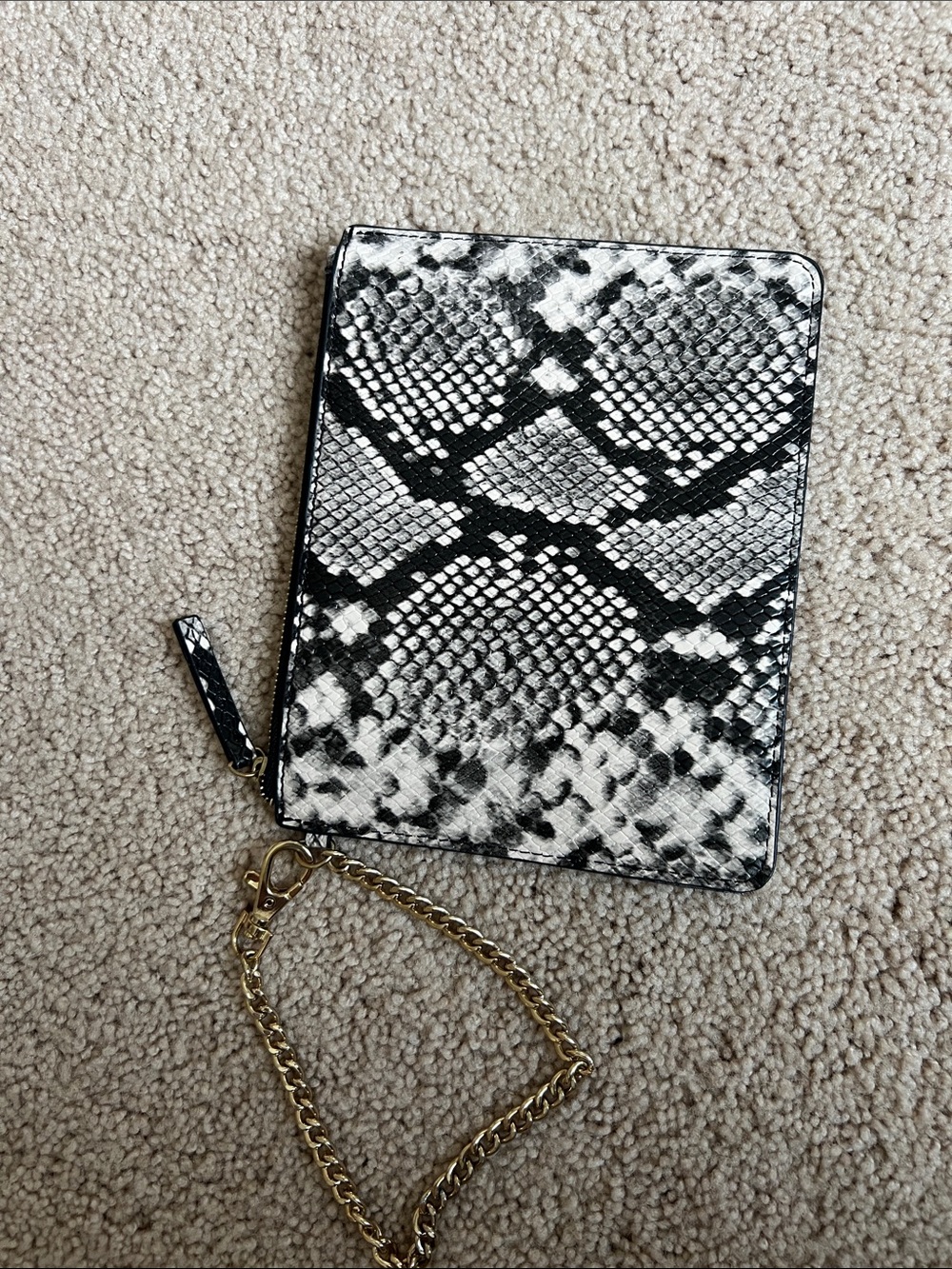 Aldo Black and White Snake-Print Wristlet Wallet with Gold Chain